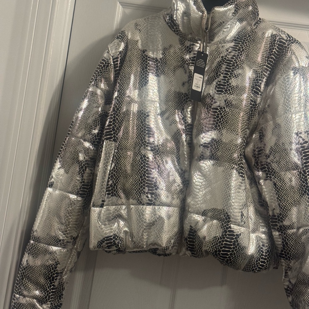 Fashion Nova Metallic Snake Print Puffer Jacket